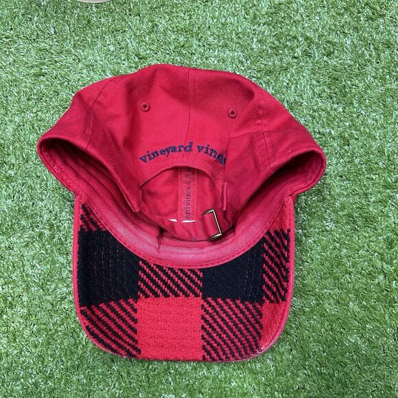 Vineyard Vines Red Logo Hat Cap Plaid Under Brim Strapback - Picture 2 of 3